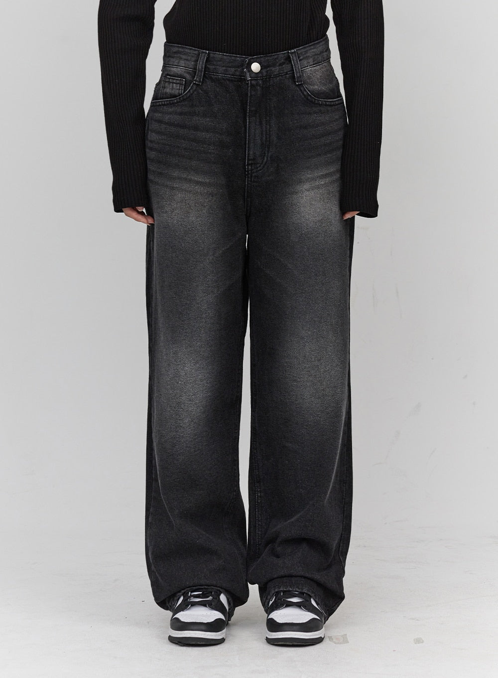 Light Washing Wide Leg Black Jeans CN23 in Black, size 1XL