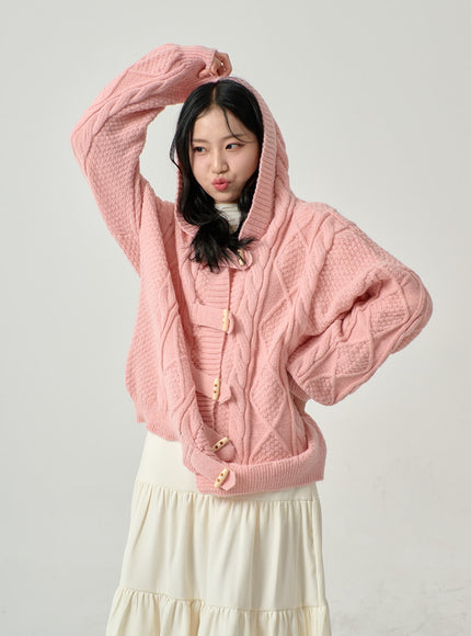 Button Hooded Twist Pattern Knit Cardigan BN02