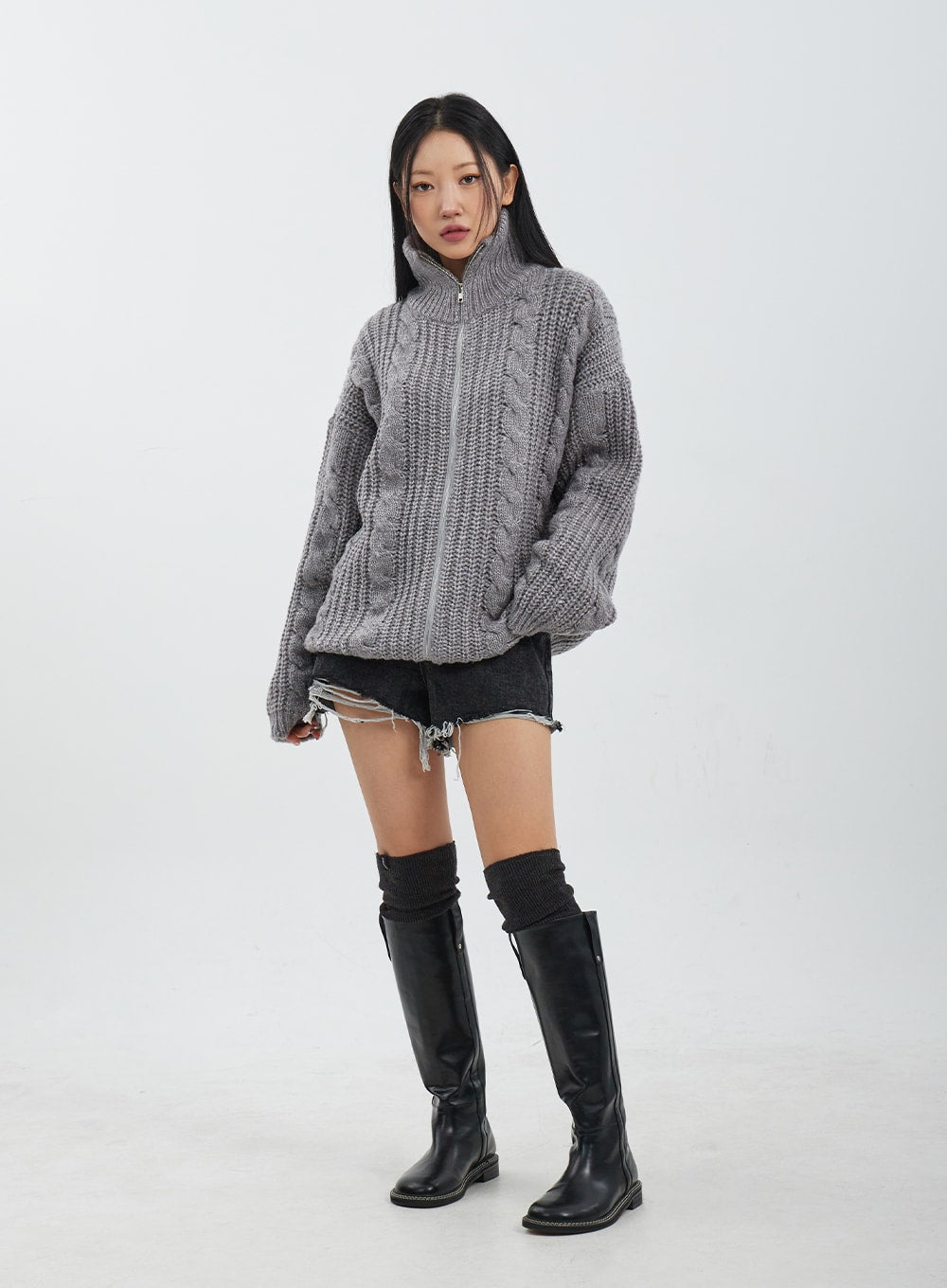 Cable Knit Oversized Zip-Up Sweater CJ317 - Korean Women's Fashion 