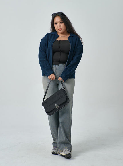 加華夫格圖案領雙向拉鍊針織衫