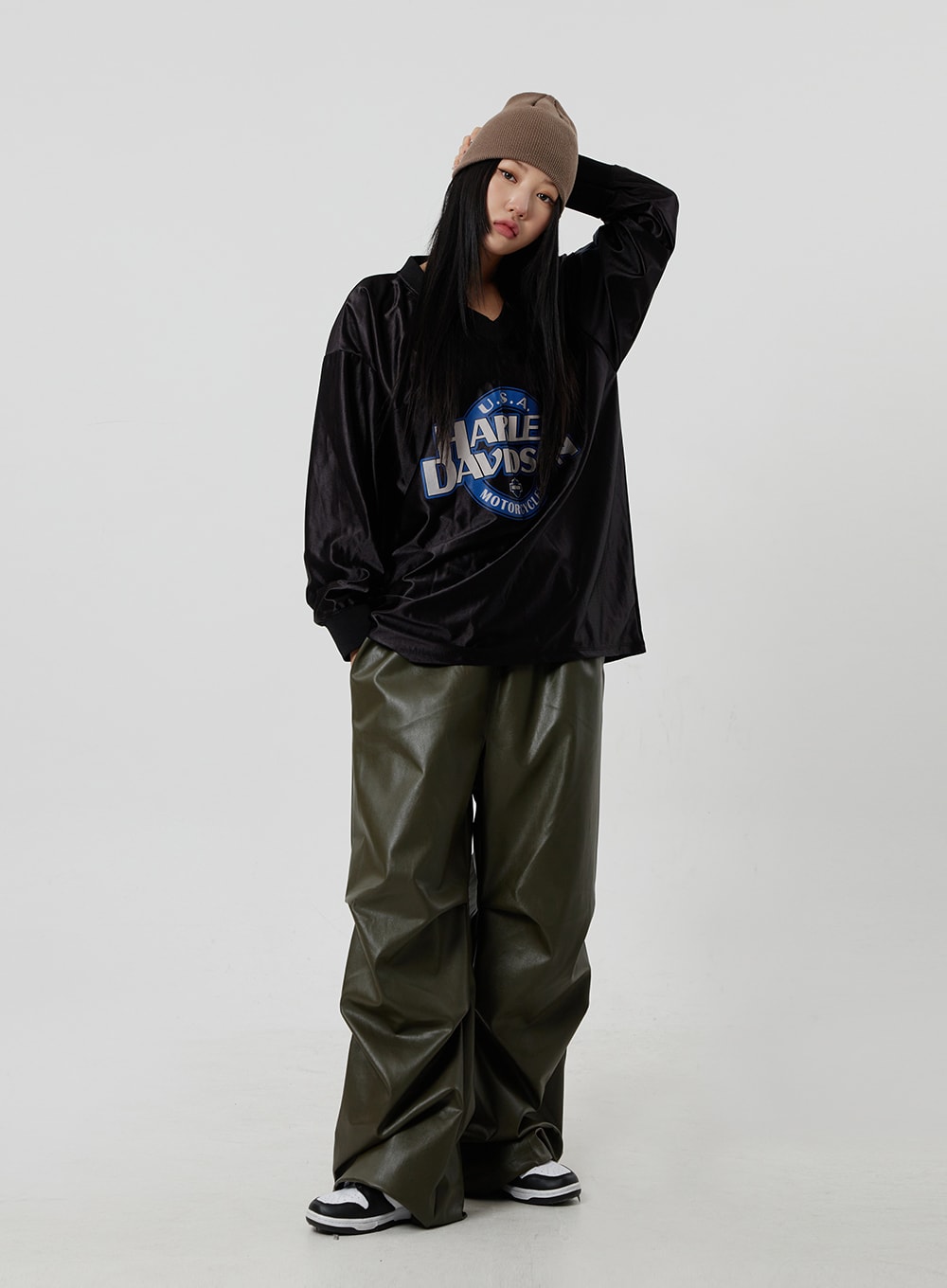 Faux Leather Baggy Track Pants CF303