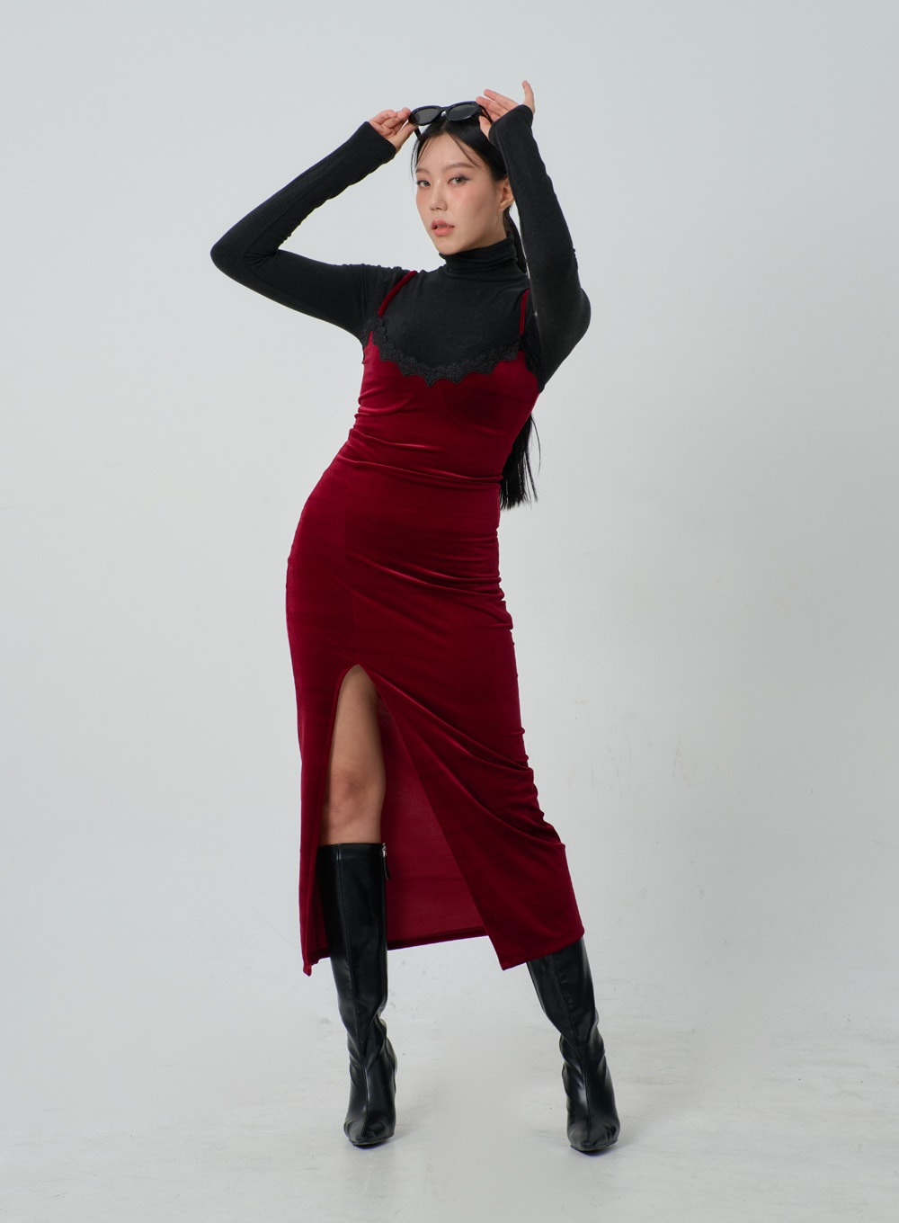 Velvet Lingerie Style Thin Strap Maxi Dress IJ319