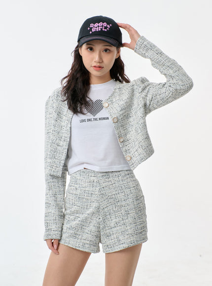 Tweed Cropped Cardigan And Shorts Set BF301