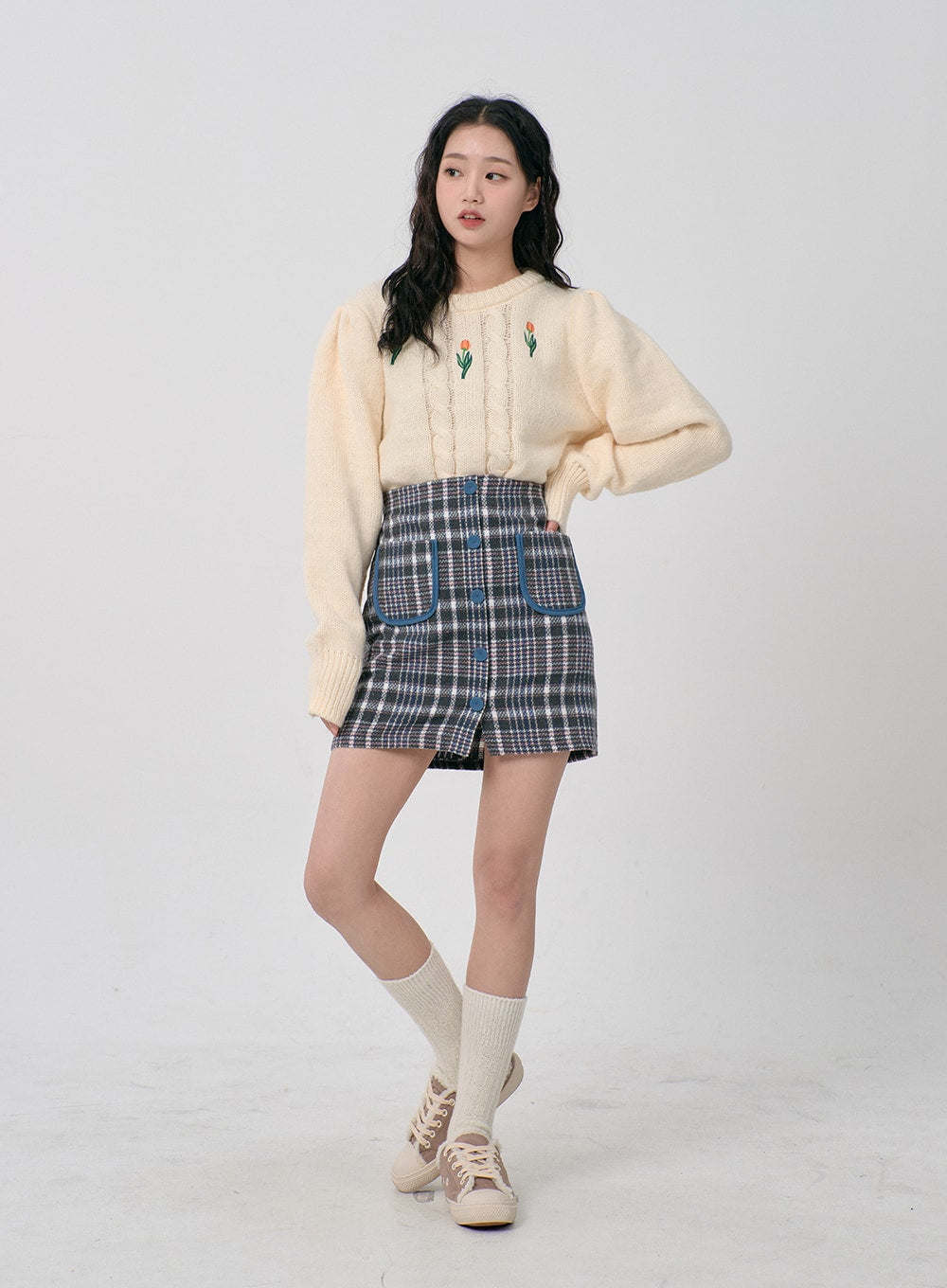 Twin Front Pocket Plaid Button Mini Skirt BD23