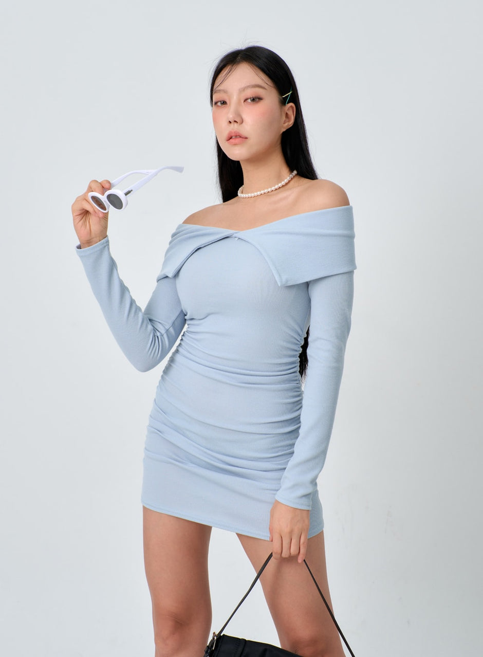 Off-Shoulder Ruched Side Mini Dress IJ327 - Korean Women's Fashion | LEWKIN
