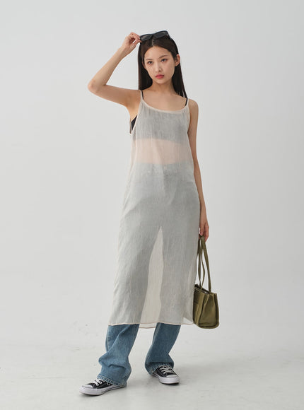 皺紋透明吊帶長連衣裙 CJ08