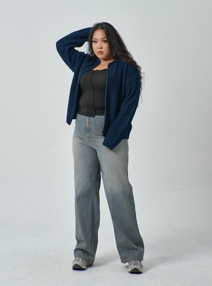 加華夫格圖案領雙向拉鍊針織衫