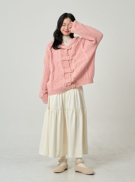 Button Hooded Twist Pattern Knit Cardigan BN02