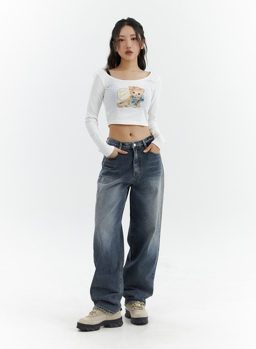 Washed Button Straight Leg Jeans CJ425 in dark blue, full-length front on model hands-in-pockets pose, wide-leg washed cotton denim, styled with white cat graphic crop top and platform sneakers.
