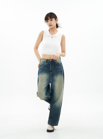 Bleached Wide Leg Denim Pants CA07