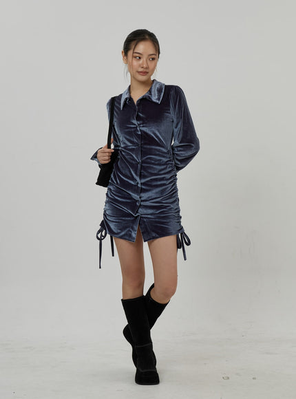 Side Tie Ruching Velvet Long Sleeve Mini Dress CD23