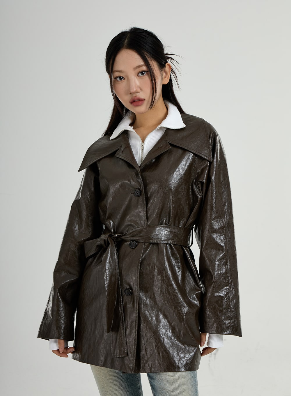 Faux Leather Trench Coat And Belt Ribbon Set CO26