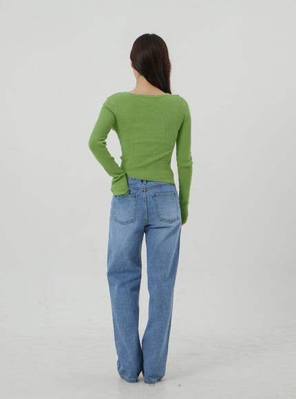 不平衡羅紋針織鈕扣短款上衣 OJ319