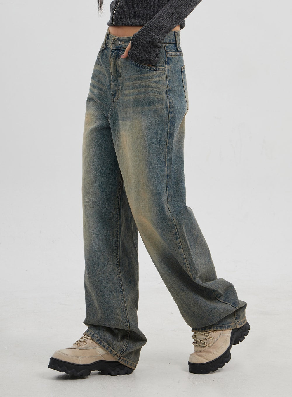 Vintage Wash Seam Front Wide Leg Jean