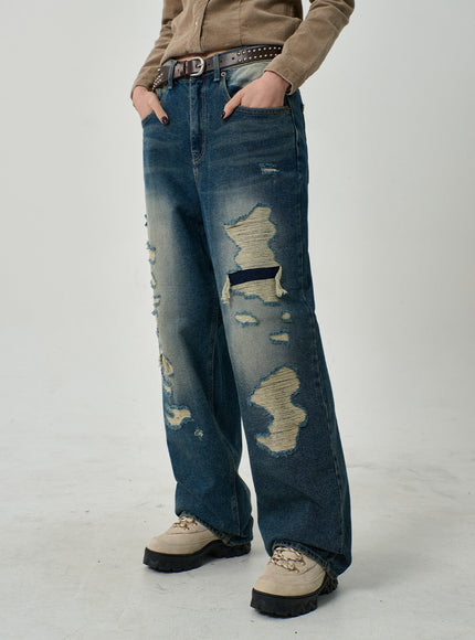 男女通用破洞寬牛仔褲 CD14