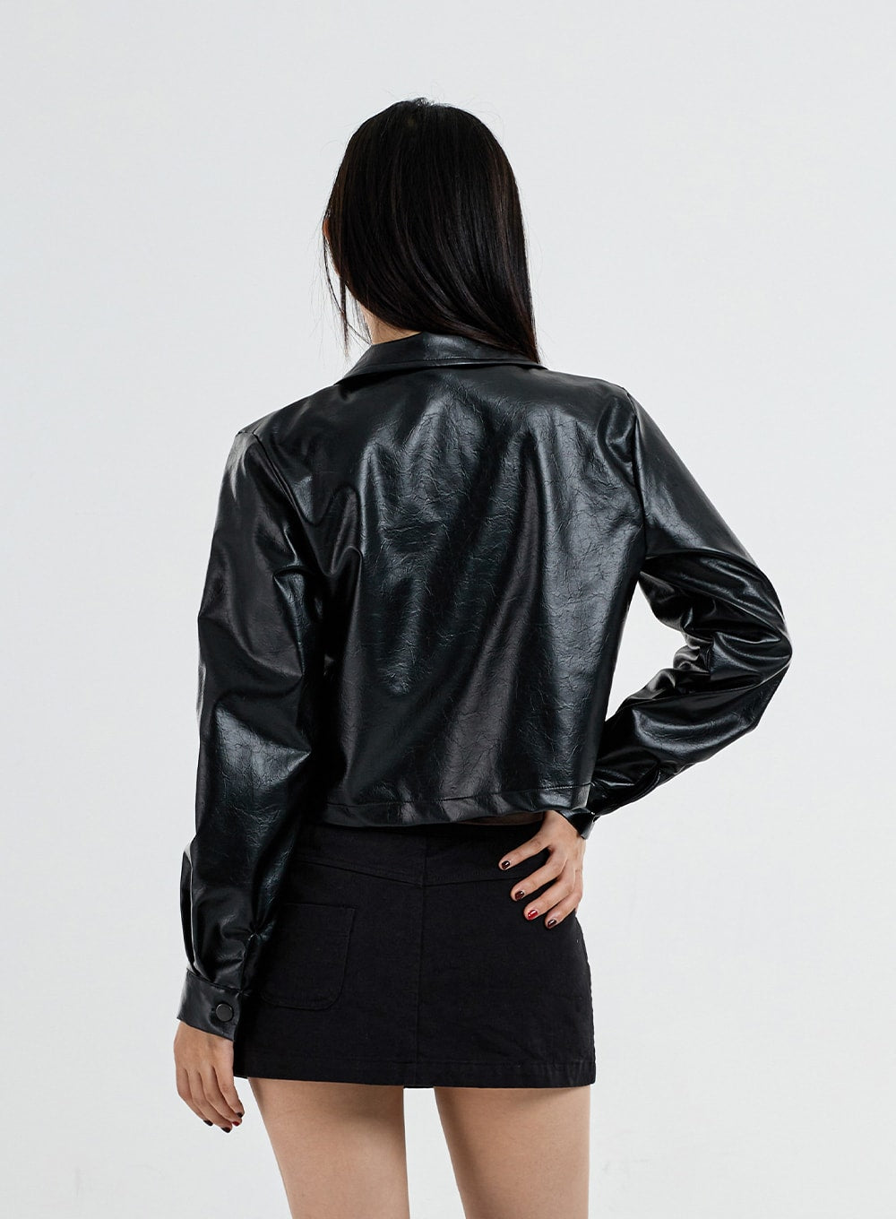Front Pocket Faux Black Leather Crop Jacket CO05