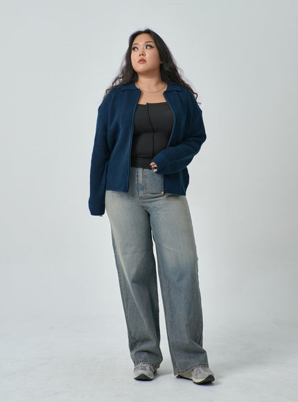 加華夫格圖案領雙向拉鍊針織衫