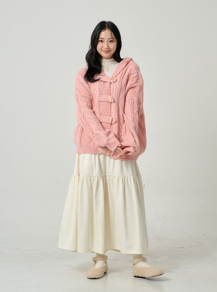 Button Hooded Twist Pattern Knit Cardigan BN02