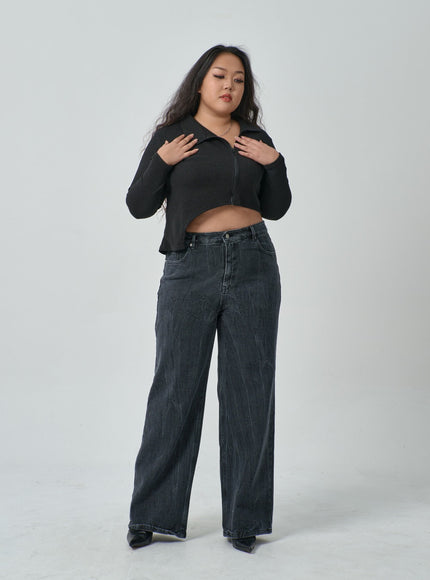 加闊腿水洗黑色牛仔褲 IF317