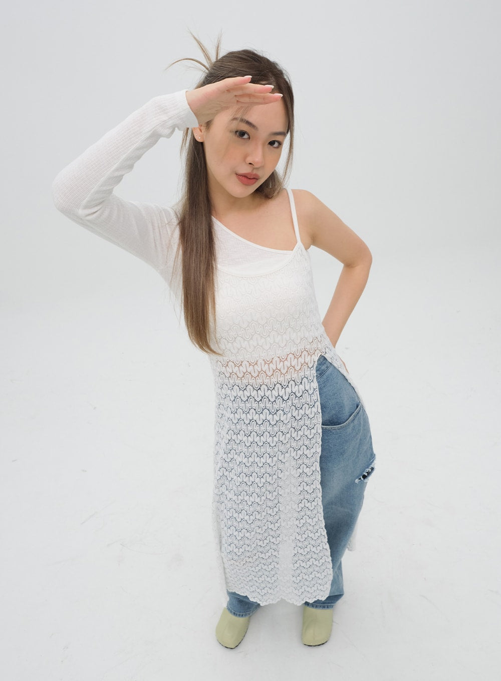 Torn Wide Leg Jeans C1002 in light blue, high-angle front full-body on model, wide cotton fit with destroyed knee detail visible, styled under white lace midi layer.