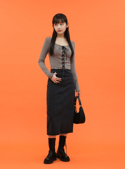 Cropped Long Sleeve Top with Front Lace Detail C1703