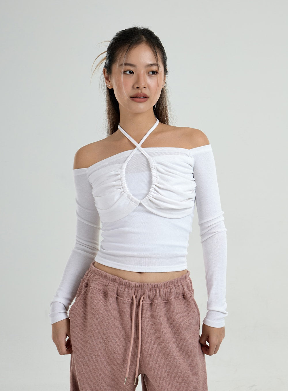 White ruched detail bardot long online sleeve