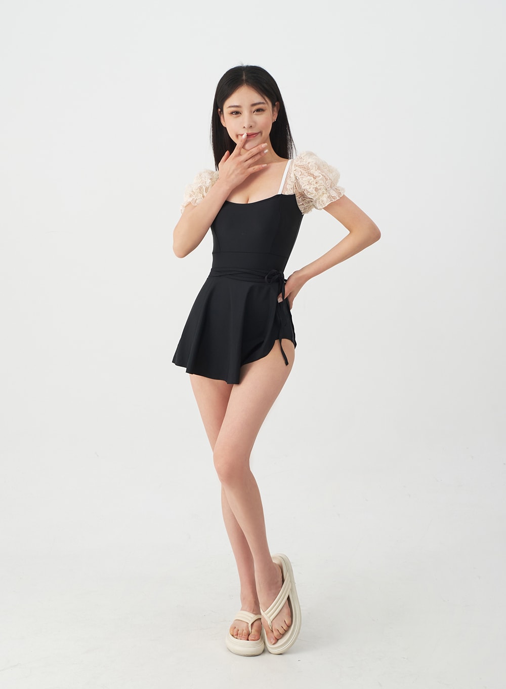Lacy Shoulder Onepiece Swimsuit and Wrap Skirt Set IJ13