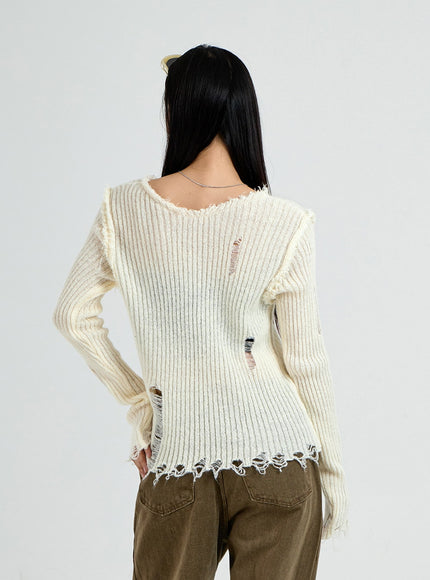 Ripped V-Neck Knit Top CO13