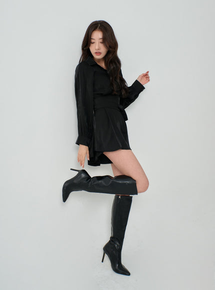 高腰絲帶襯衫褲套裝 IN08