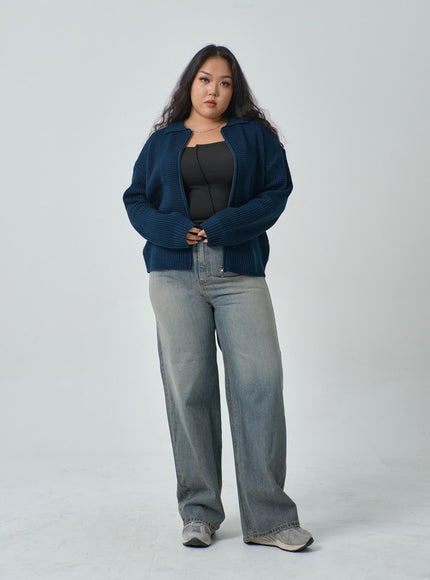 加華夫格圖案領雙向拉鍊針織衫