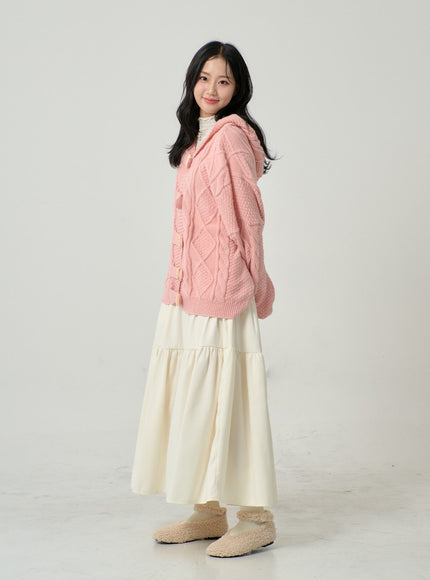 Button Hooded Twist Pattern Knit Cardigan BN02