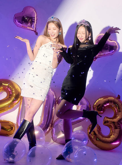 天鵝絨無袖頸部鏈條迷你連衣裙 BD23