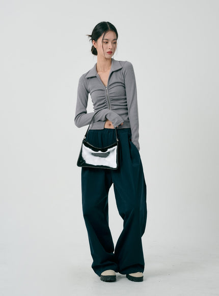 荷葉邊拉鍊長袖上衣 ID08