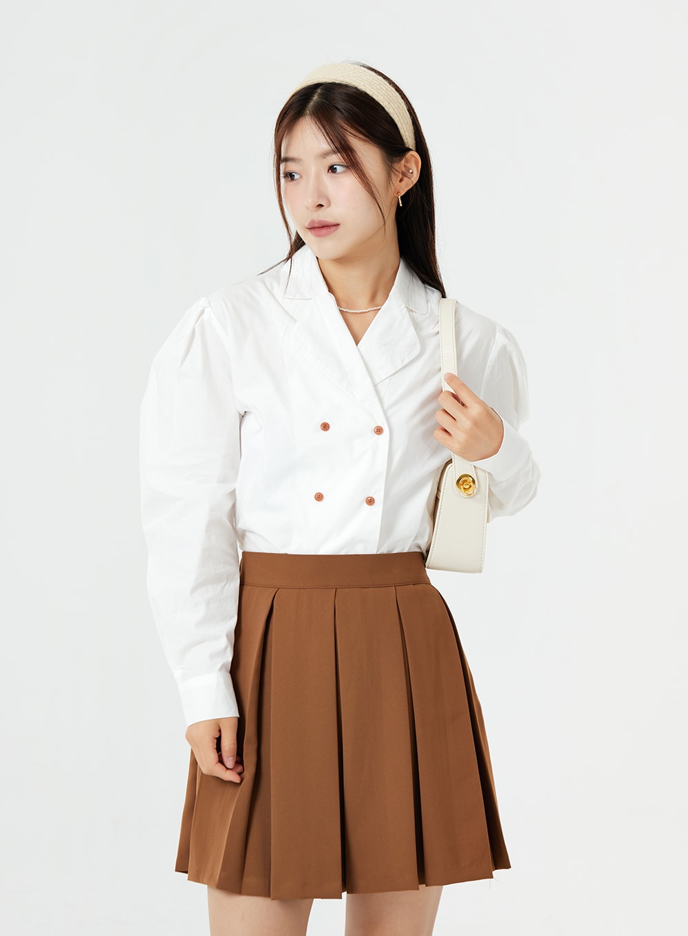 Double Button Collared Puff Sleeve Blouse OS13