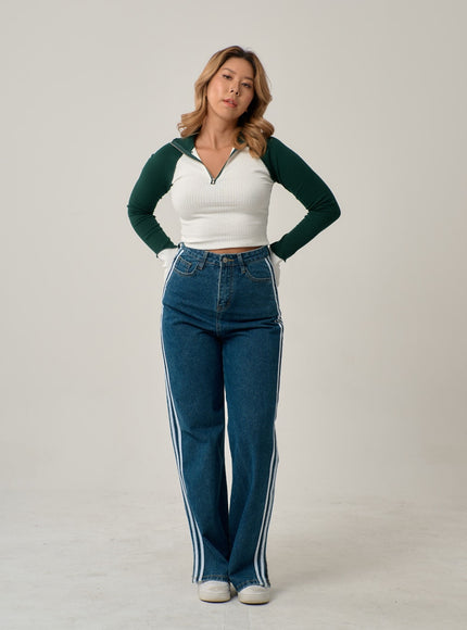 側條紋直筒牛仔褲 IN22