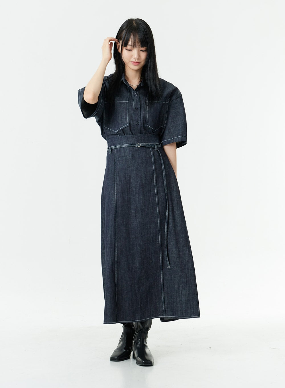 Stitch Denim Set-Up Long Skirt with Belt OG23