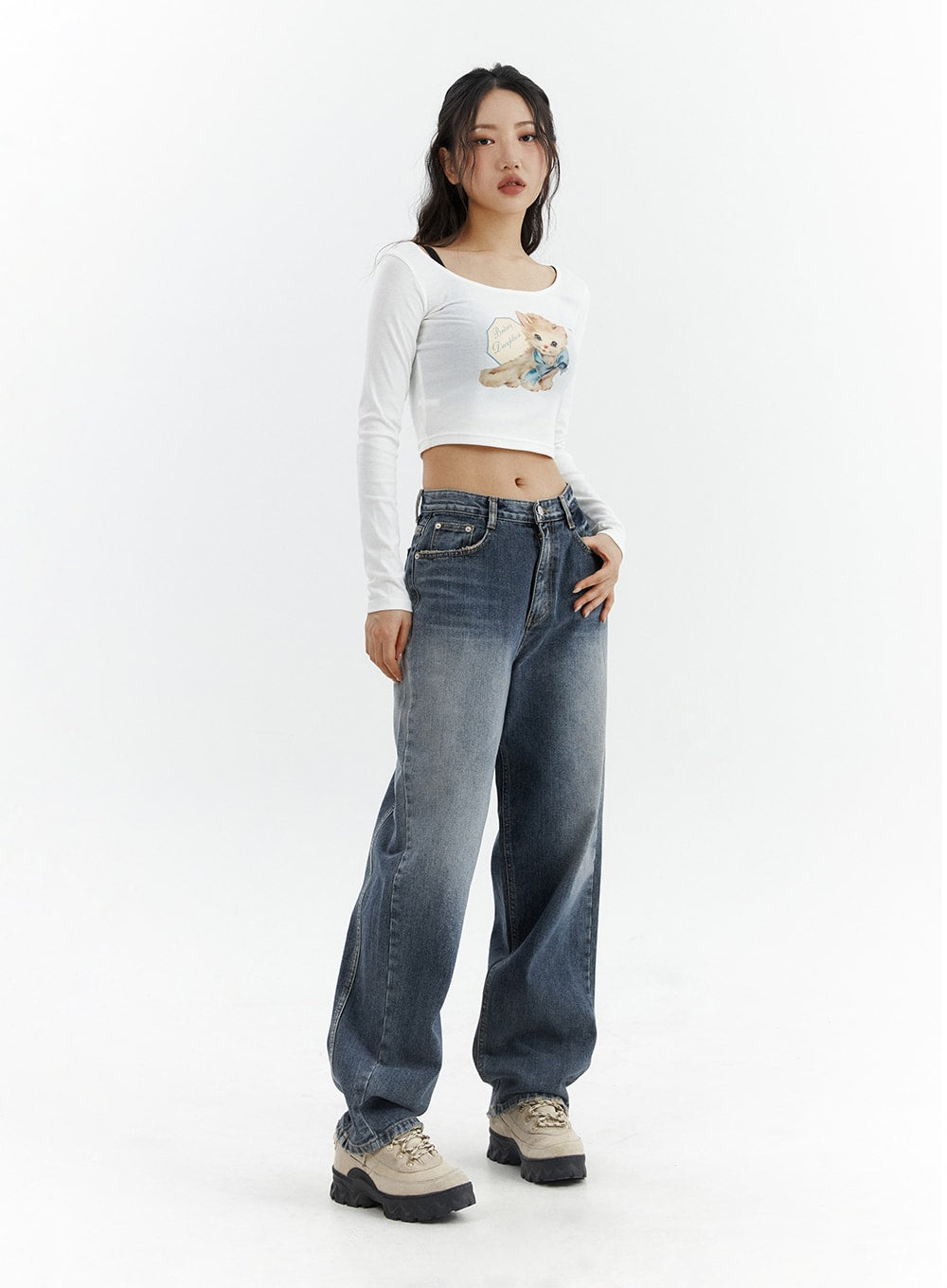 Washed Button Straight Leg Jeans CJ425 in dark blue, three-quarter front angle on model standing, wide-leg washed denim with faded wash gradient, styled with white graphic crop top and platform sneakers.