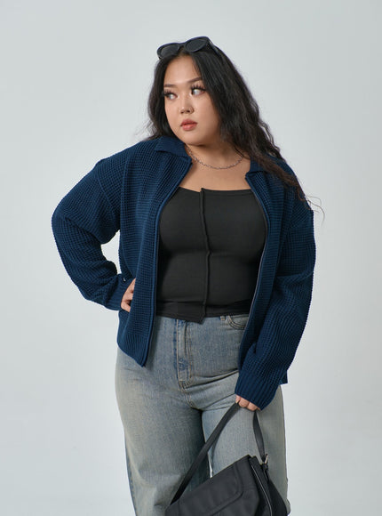 加華夫格圖案領雙向拉鍊針織衫