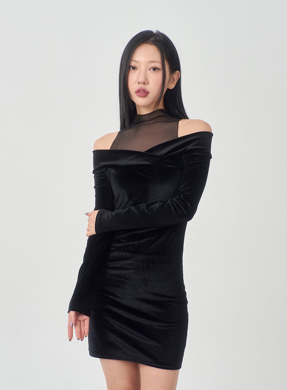 Velvet Off-Shoulder Mesh Neck Mini Dress BD23