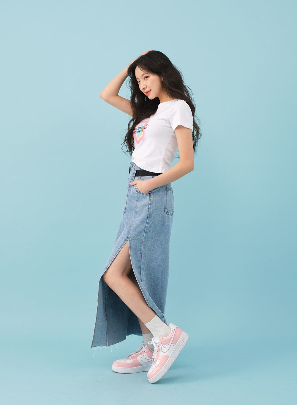 Belted Long Denim Skirt