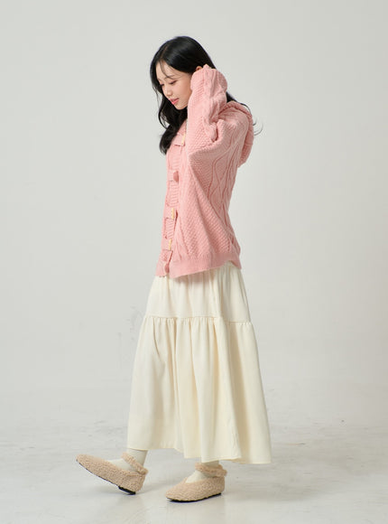 Button Hooded Twist Pattern Knit Cardigan BN02