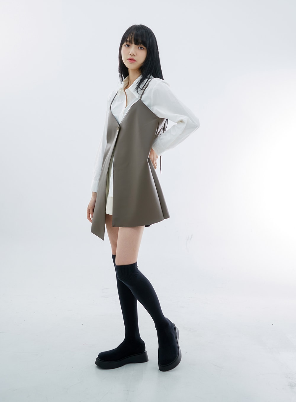 One Button Faux Leather Mini Dress OS29