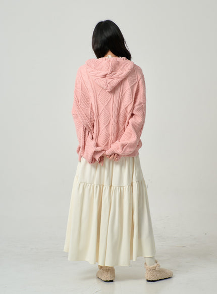 Button Hooded Twist Pattern Knit Cardigan BN02
