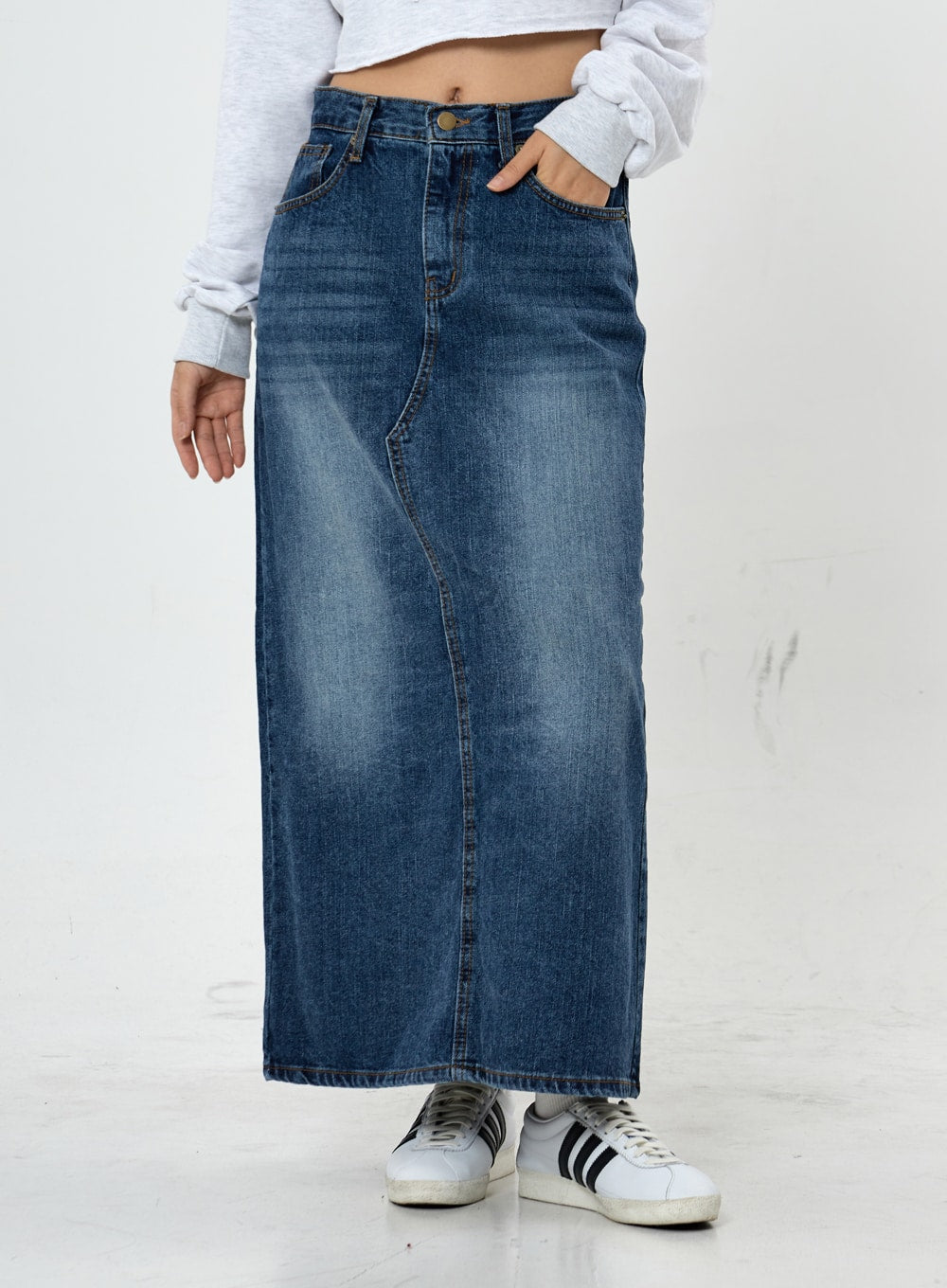 Grid Washing Long Jeans Skirt CS