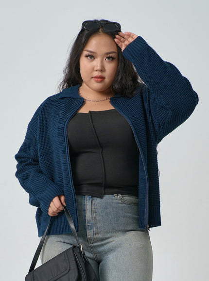 加華夫格圖案領雙向拉鍊針織衫