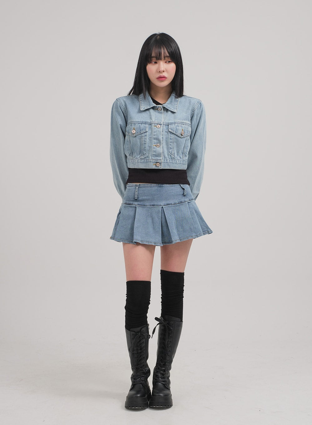 Low Rise Pleated Denim Mini Skirt C0302 - Blue Denim S