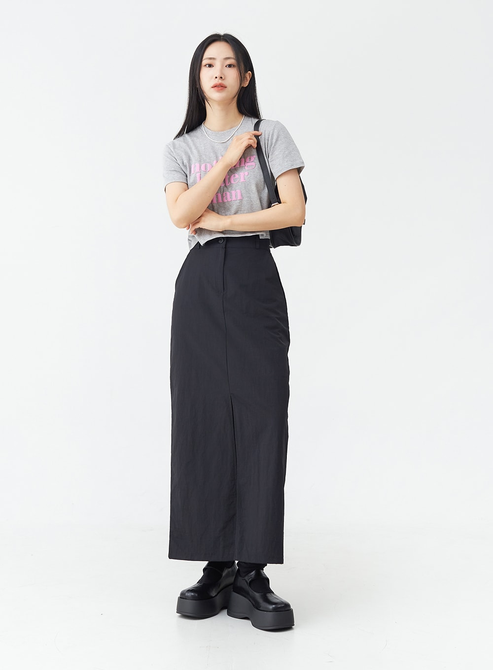 Nylon Slit Maxi Skirt OG03