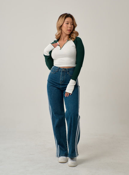 側條紋直筒牛仔褲 IN22