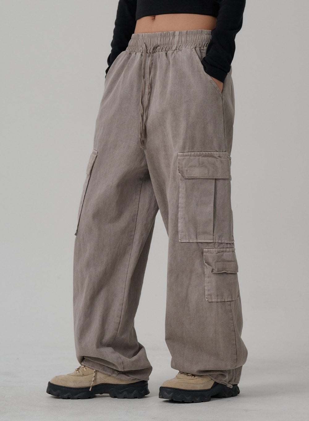Elastic Waist Vintage Cargo Wide Pants CN03