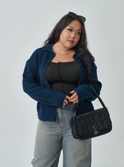 加華夫格圖案領雙向拉鍊針織衫